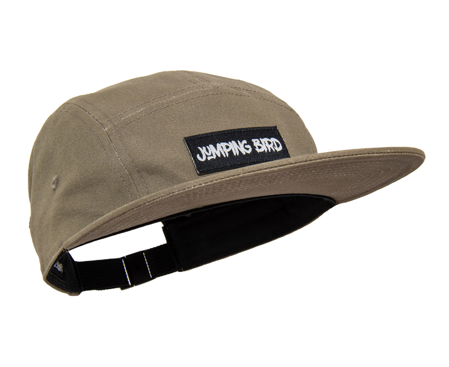 5-Panel-Cap von Jumping Bird in oliv mit sportivem Frontpatch und weicher, unverstärkter Passform für hohen Tragekomfort