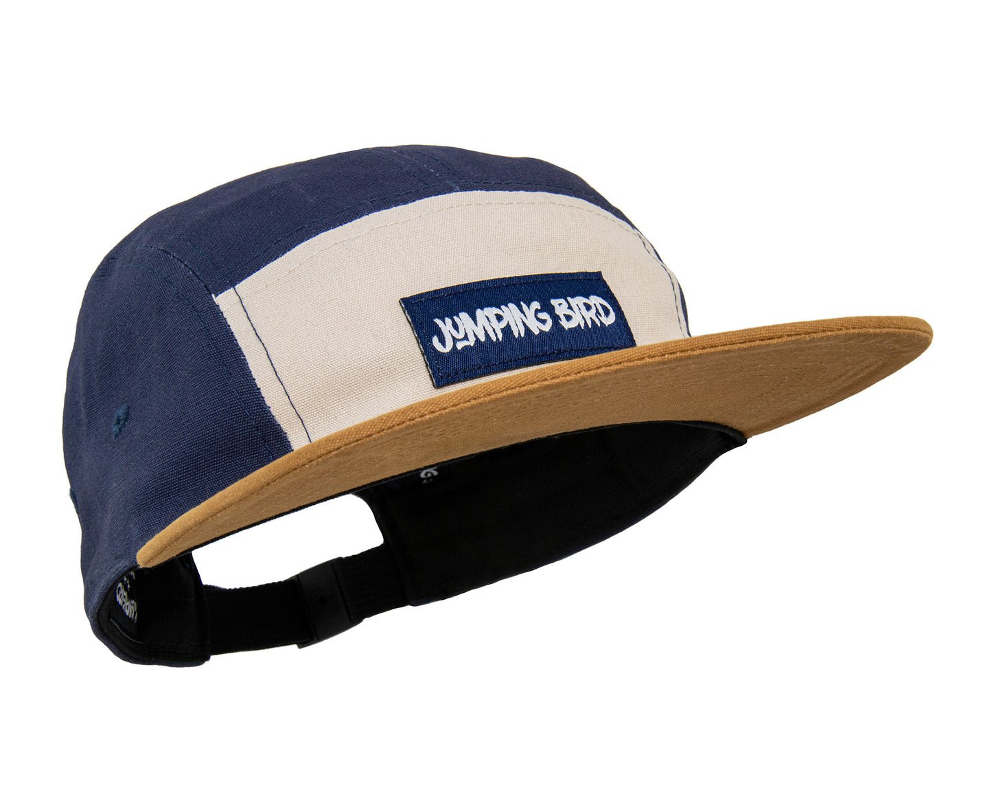 5-Panel-Cap von Jumping Bird in Navy-Beige mit sportivem Frontpatch und weicher, unverstärkter Passform für hohen Tragekomfort