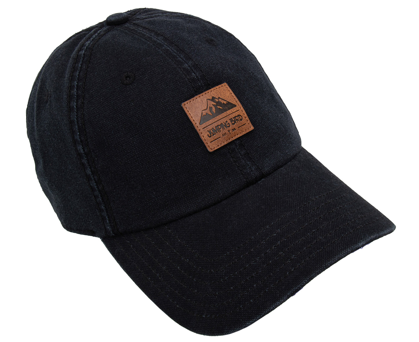 Dad Hat von Jumping Bird in Schwarz mit geprägtem Lederoptik-Patch vorn und weicher, unverstärkter Passform für hohen Tragekomfort