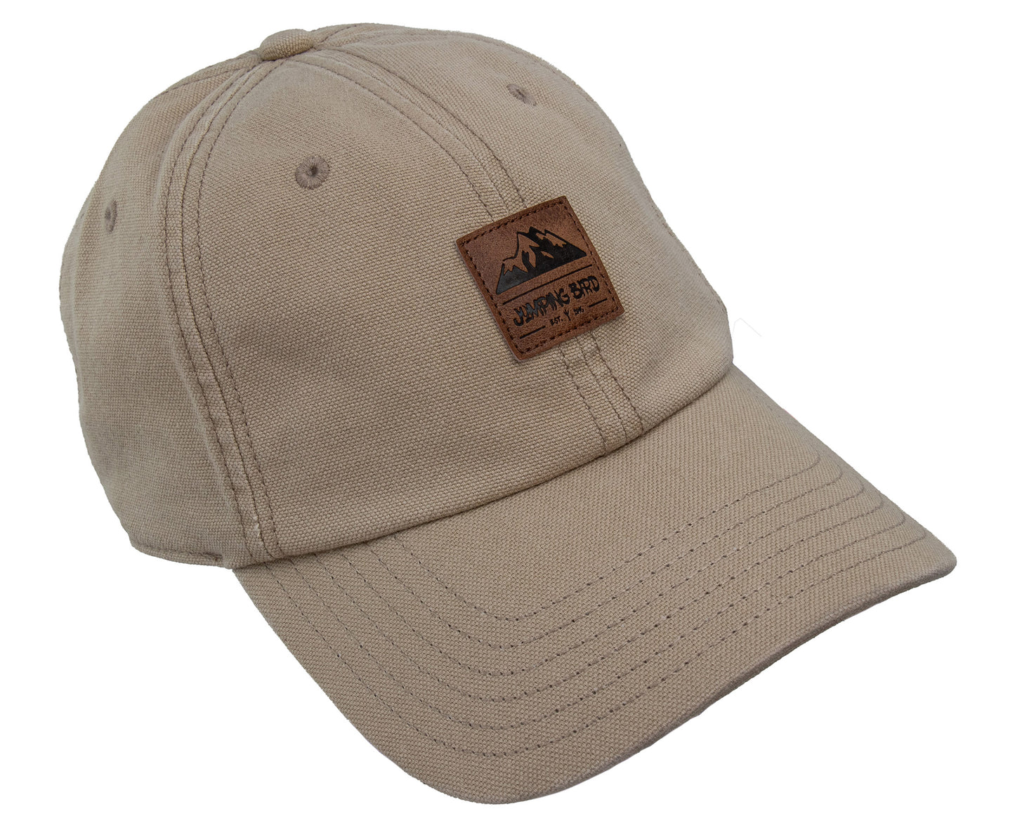 Dad Hat von Jumping Bird in Beige mit geprägtem Lederoptik-Patch vorn und weicher, unverstärkter Passform für hohen Tragekomfort