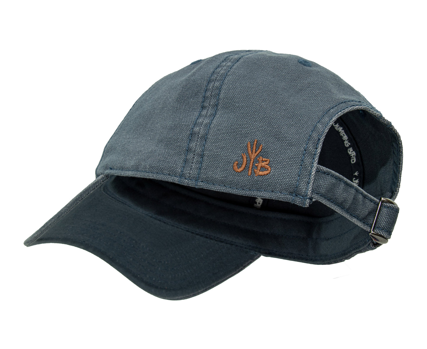 Dad Hat von Jumping Bird in Jeansblau mit geprägtem Lederoptik-Patch vorn und weicher, unverstärkter Passform für hohen Tragekomfort