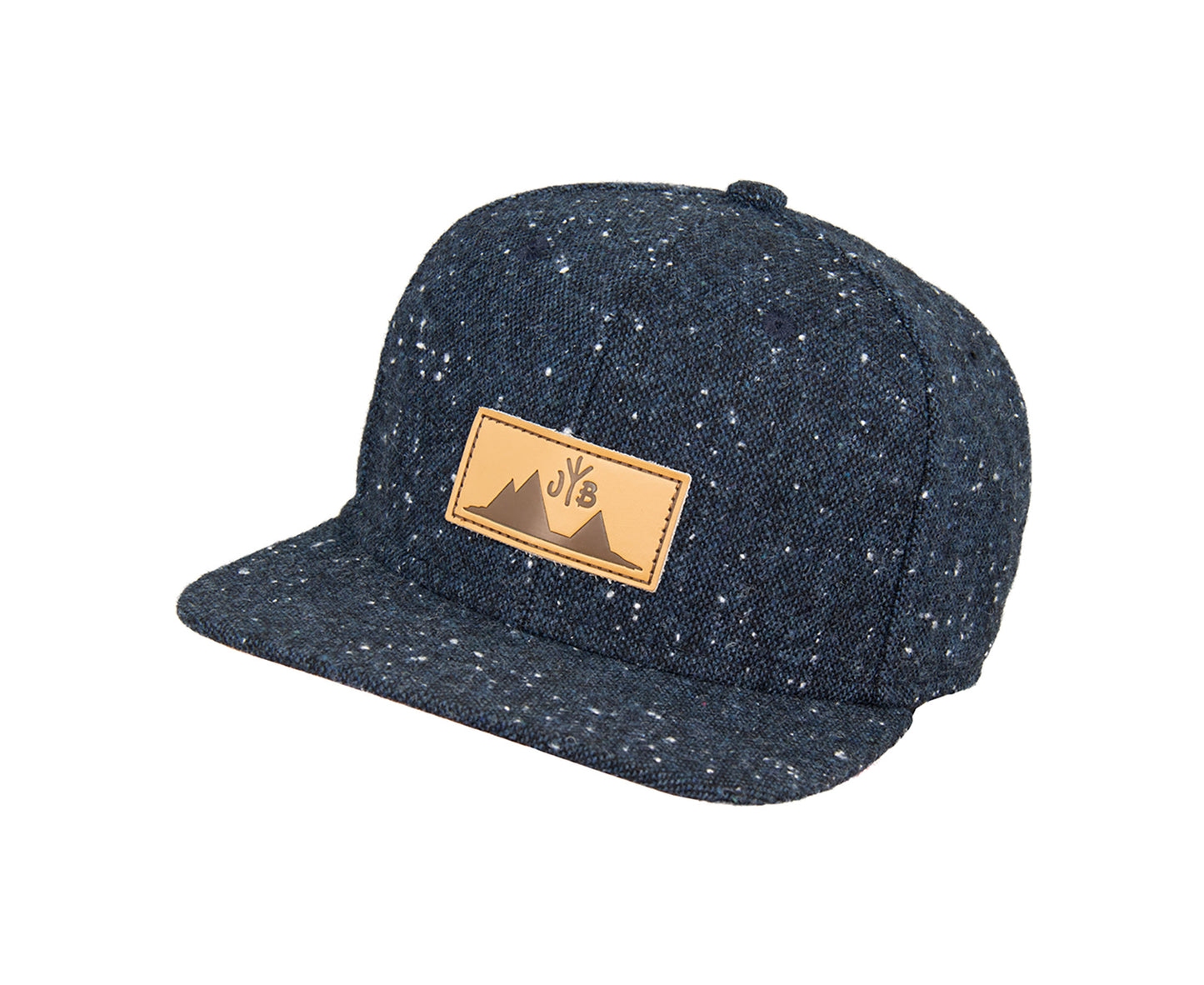 Snapback-Cap von Jumping Bird in Anthrazitblau meliert mit geprägtem Lederoptik-Patch vorn und seitlichem Logostick