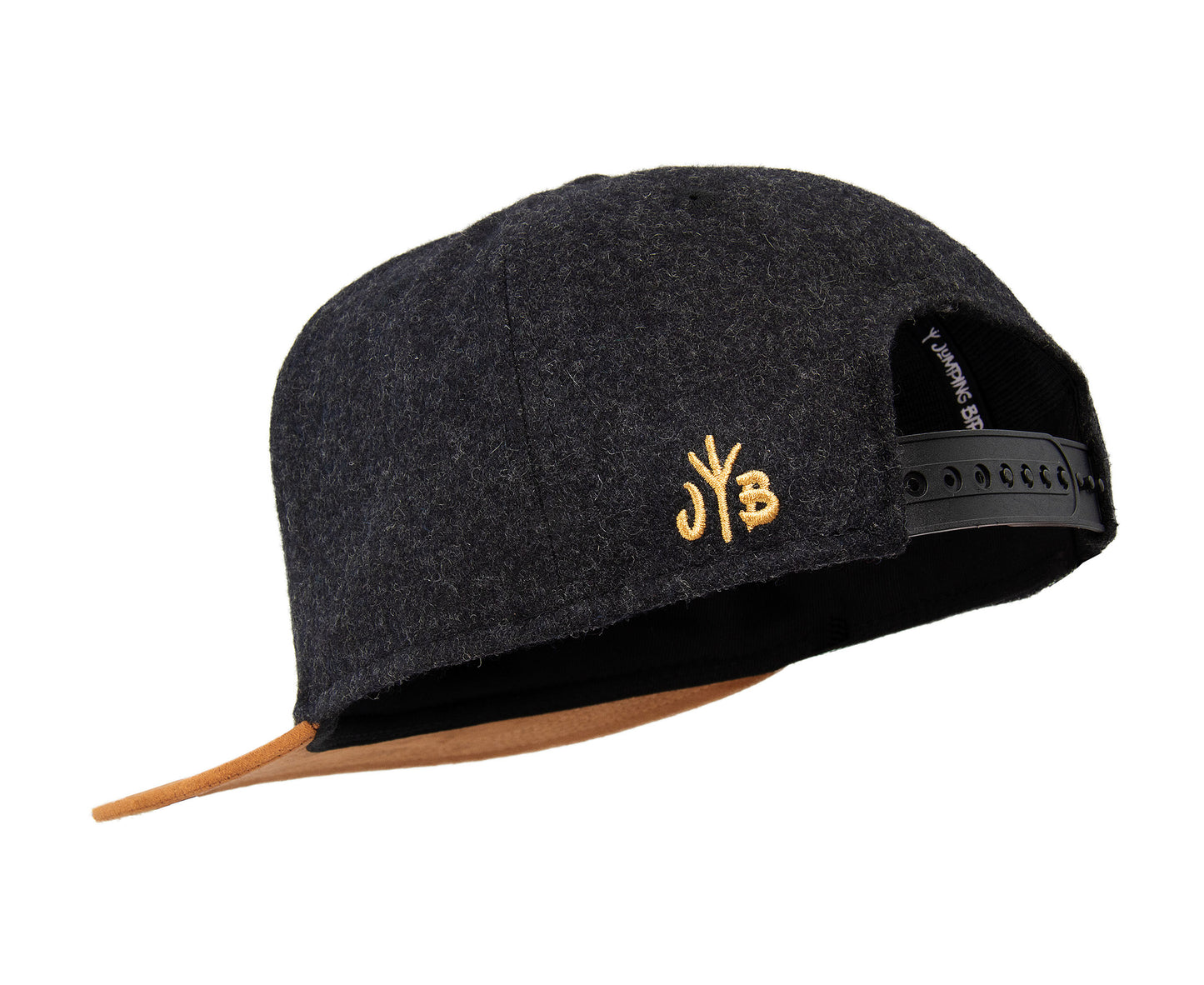 Filz-Snapback von Jumping Bird in Anthrazit-Braun mit geprägtem Lederoptik-Patch vorn und seitlichem Logostick