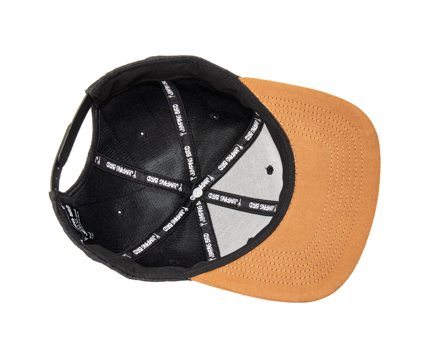 Filz-Snapback von Jumping Bird in Anthrazit-Braun mit geprägtem Lederoptik-Patch vorn und seitlichem Logostick