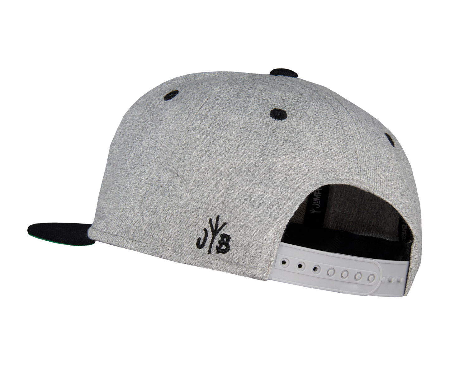 Snapback-Cap von Jumping Bird in Hellgrau-Schwarz mit gesticktem Flaggen-Design vorn, Logostick seitlich und grünem Schirm