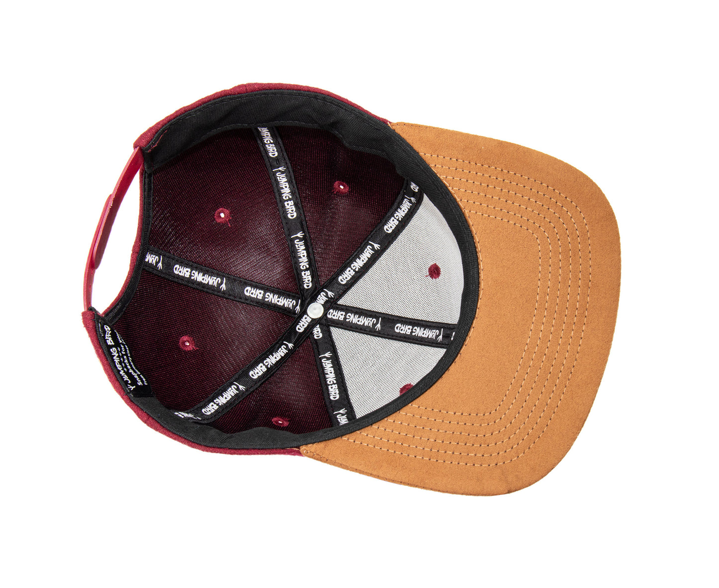 Filz-Snapback von Jumping Bird in Dunkelrot-Braun mit geprägtem Lederoptik-Patch vorn und seitlichem Logostick