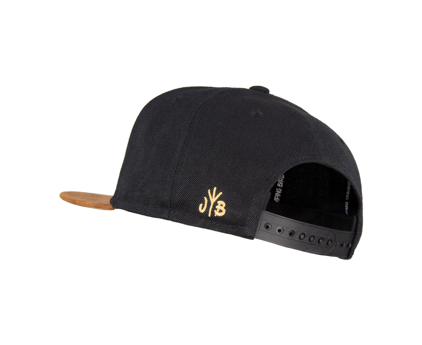 Snapback-Cap von Jumping Bird in Schwarz-Braun mit geprägtem Lederoptik-Patch vorn und seitlichem Logostick