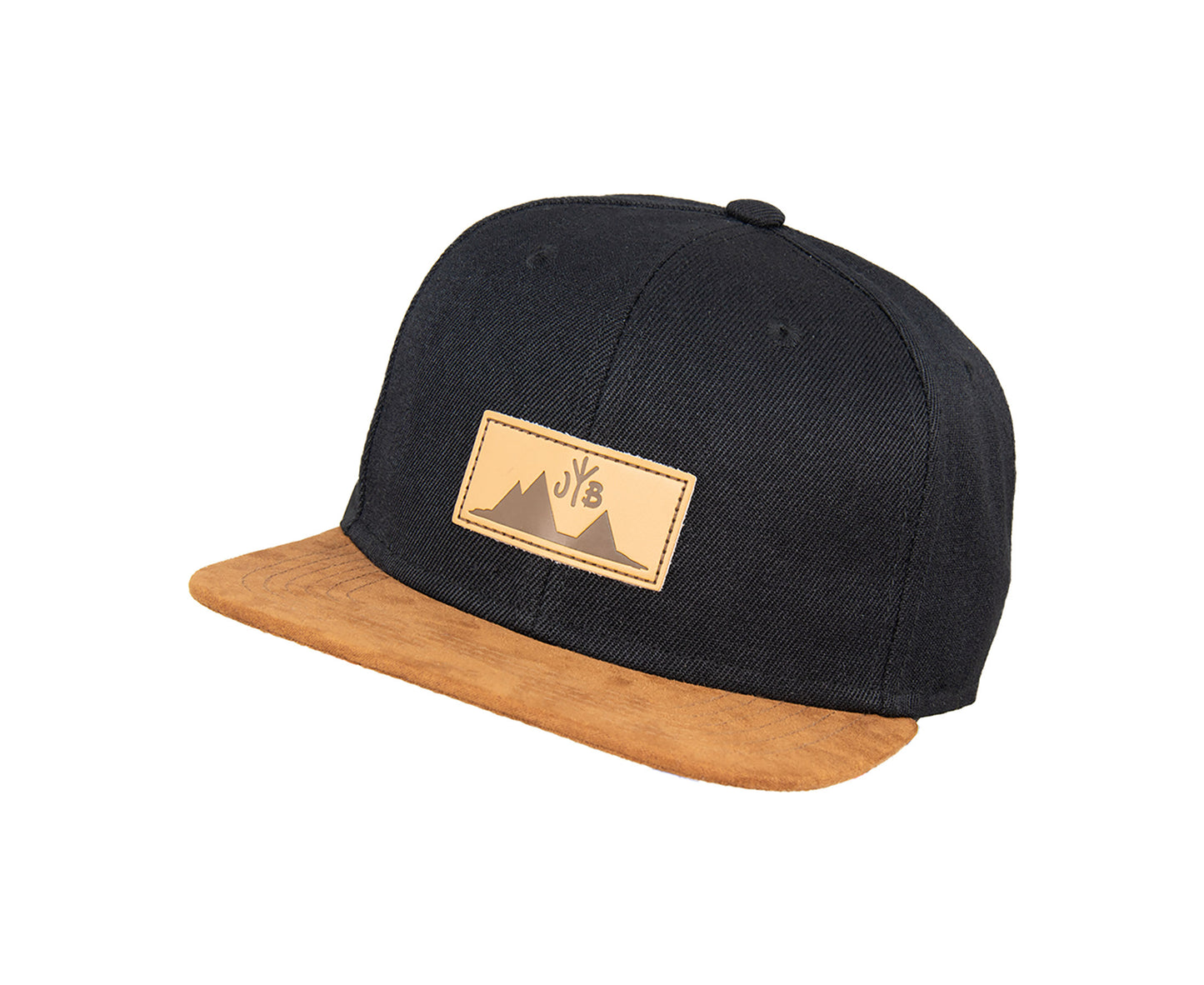 Snapback-Cap von Jumping Bird in Schwarz-Braun mit geprägtem Lederoptik-Patch vorn und seitlichem Logostick