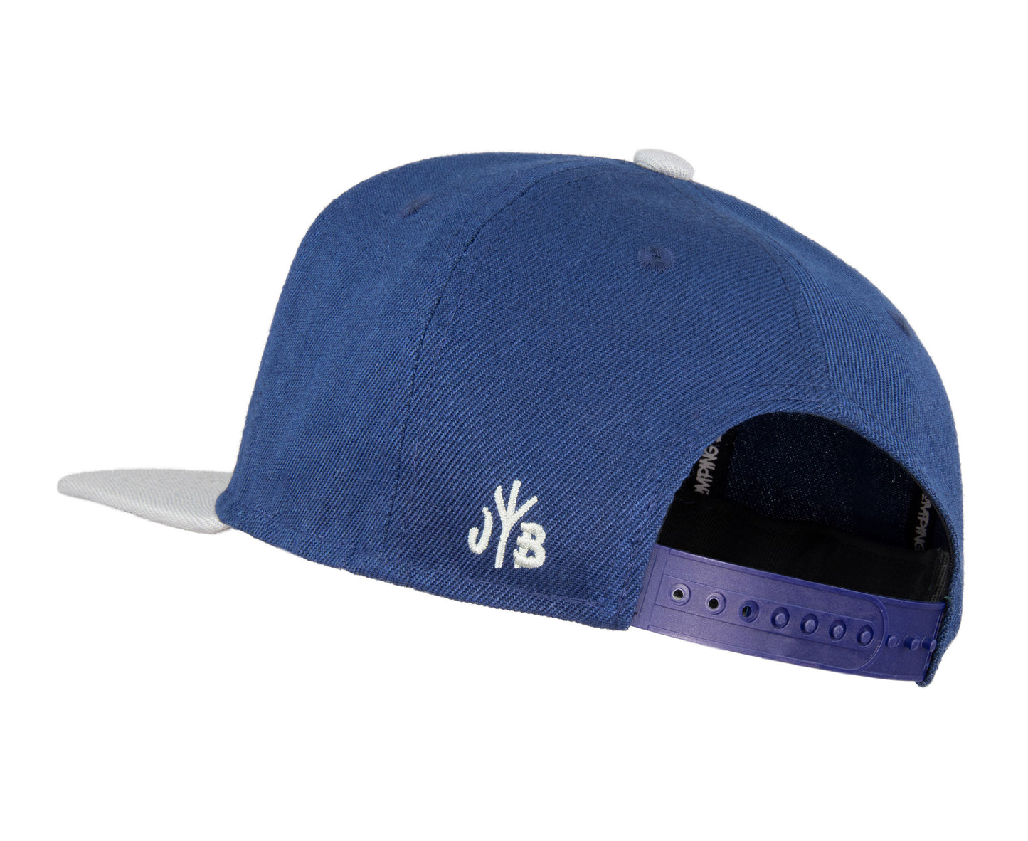 Snapback-Cap von Jumping Bird in Blau-Grau mit geprägtem Lederoptik-Patch vorn und seitlichem Logostick