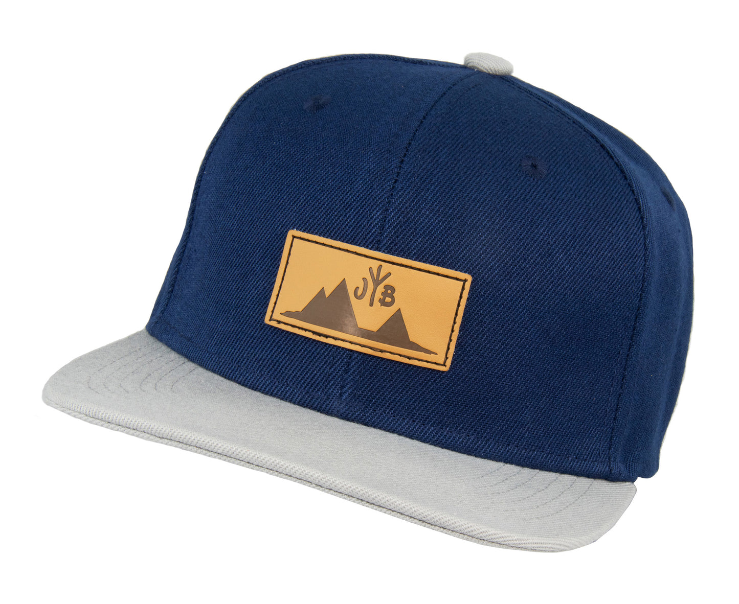 Snapback-Cap von Jumping Bird in Blau-Grau mit geprägtem Lederoptik-Patch vorn und seitlichem Logostick