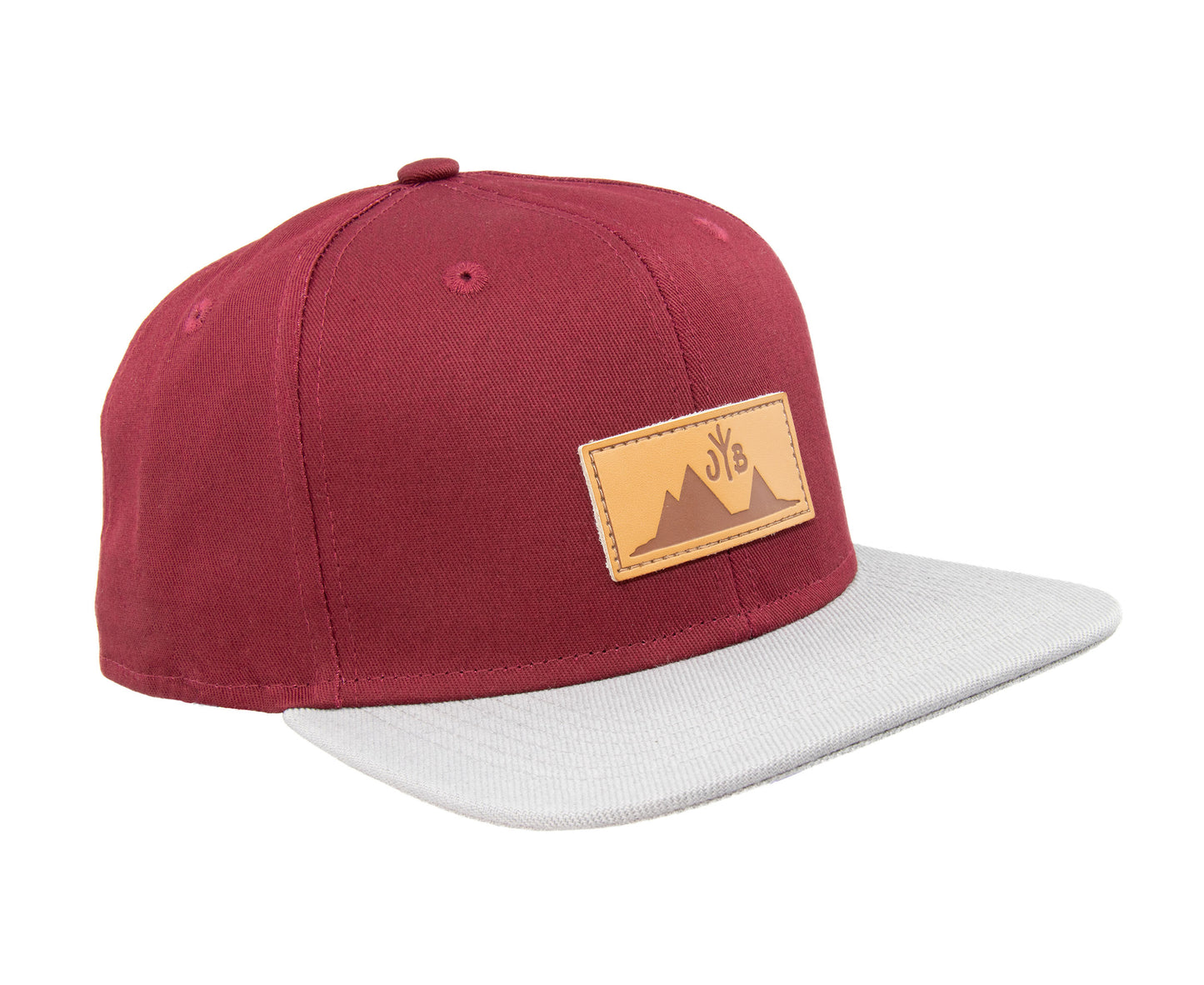 Snapback-Cap von Jumping Bird in Bordeaux-Grau mit geprägtem Lederoptik-Patch vorn und seitlichem Logostick