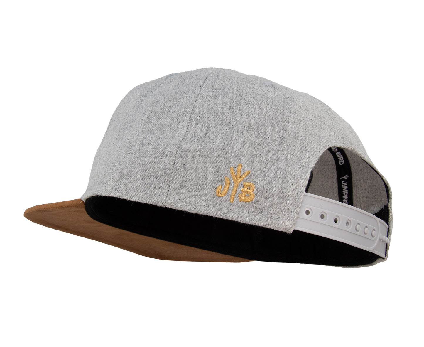 Snapback-Cap von Jumping Bird in Hellgrau meliert/Braun mit geprägtem Lederoptik-Patch vorn und seitlichem Logostick