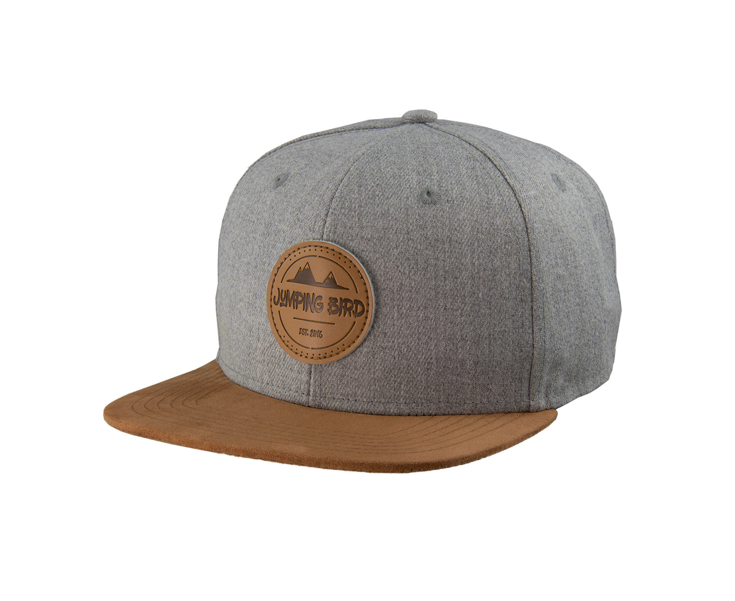 Snapback-Cap von Jumping Bird in Hellgrau meliert/Braun mit geprägtem Lederoptik-Patch vorn und seitlichem Logostick