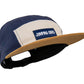 5-Panel-Cap von Jumping Bird in Navy-Beige mit sportivem Frontpatch und weicher, unverstärkter Passform für hohen Tragekomfort