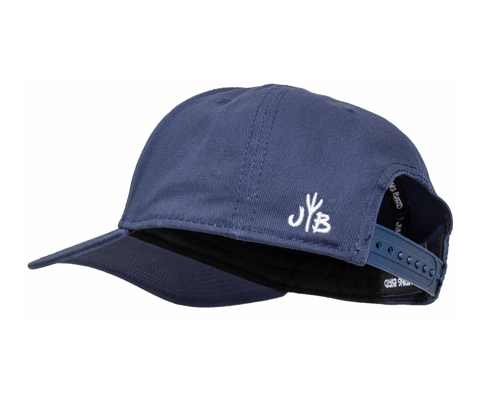 Baseball-Cap von Jumping Bird in Dunkelblau mit sportivem Frontpatch und seitlichem Logostick