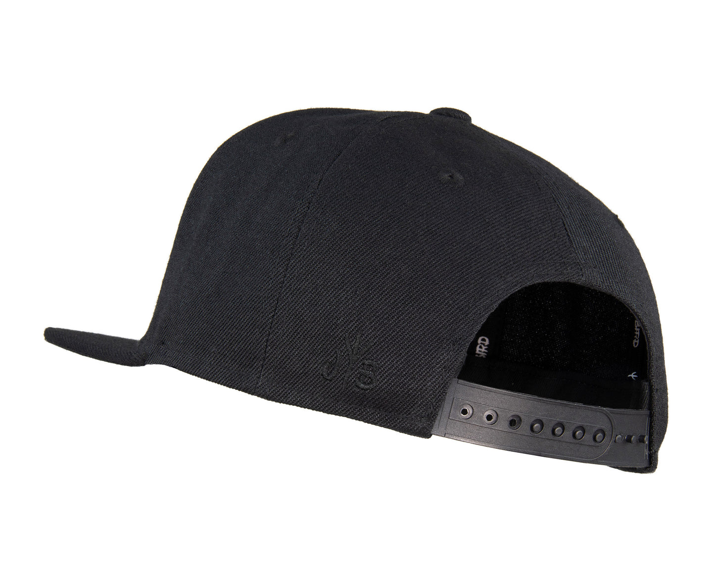 Snapback-Cap von Jumping Bird in Schwarz mit Ton-in-Ton-Stick vorn, Logostick seitlich und geradem Schirm