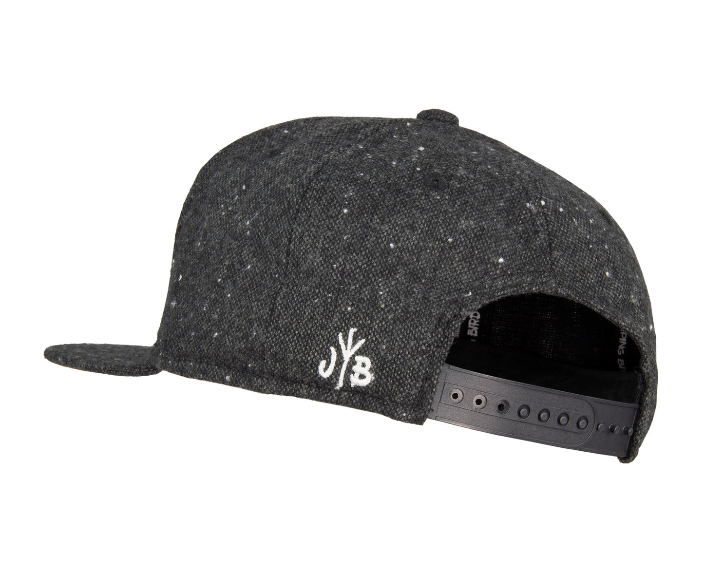 Snapback-Cap von Jumping Bird in Dunkelgrau meliert mit geprägtem Lederoptik-Patch vorn und seitlichem Logostick