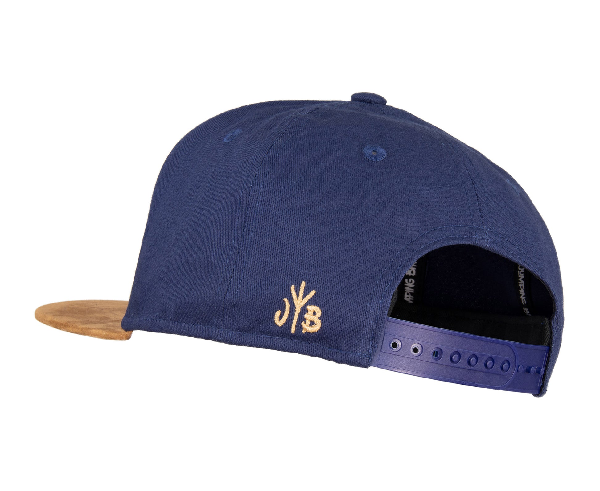 Snapback-Cap von Jumping Bird in Blau-Braun mit geprägtem Lederoptik-Patch vorn und seitlichem Logostick