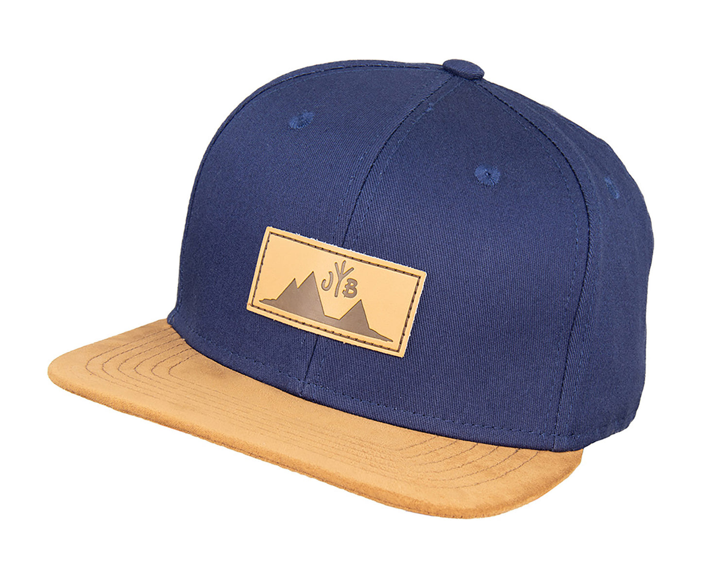 Snapback-Cap von Jumping Bird in Blau-Braun mit geprägtem Lederoptik-Patch vorn und seitlichem Logostick