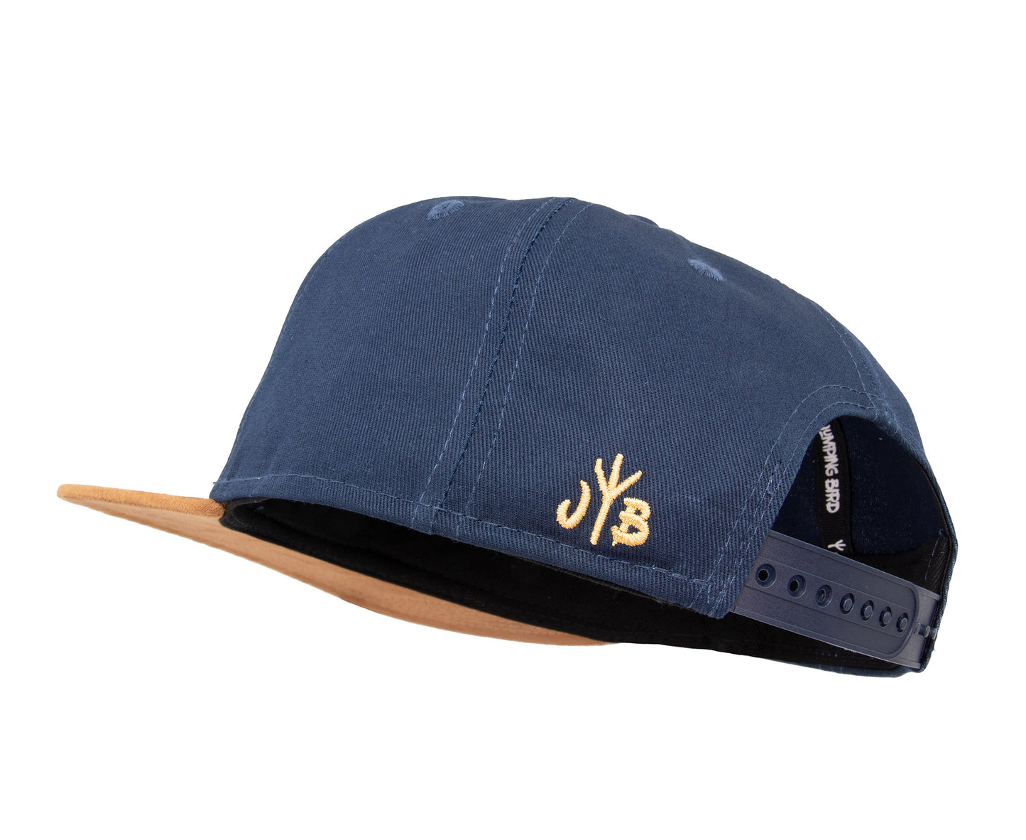 Snapback-Cap von Jumping Bird in Ozeanblau-Braun mit geprägtem Lederoptik-Patch vorn und seitlichem Logostick