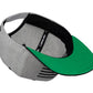 Snapback-Cap von Jumping Bird in Hellgrau-Schwarz mit gesticktem Flaggen-Design vorn, Logostick seitlich und grünem Schirm