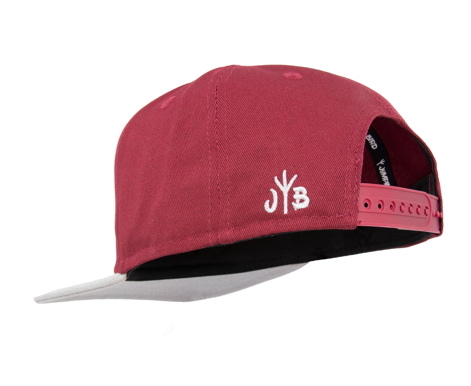 Snapback-Cap von Jumping Bird in Bordeaux-Grau mit geprägtem Lederoptik-Patch vorn und seitlichem Logostick
