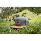 Filz-Snapback von Jumping Bird in Steingrau-Braun mit geprägtem Lederoptik-Patch vorn und seitlichem Logostick